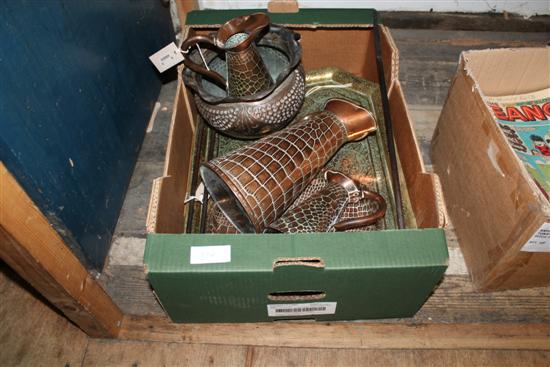 Set of three faux crocodile skin copper jugs, similar oval tray & quantity chimney furniture
